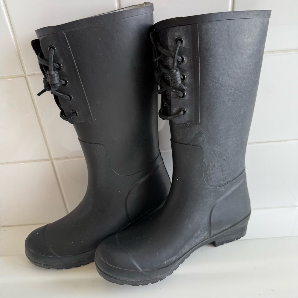 Women's Black Lace-Up Rain Boots